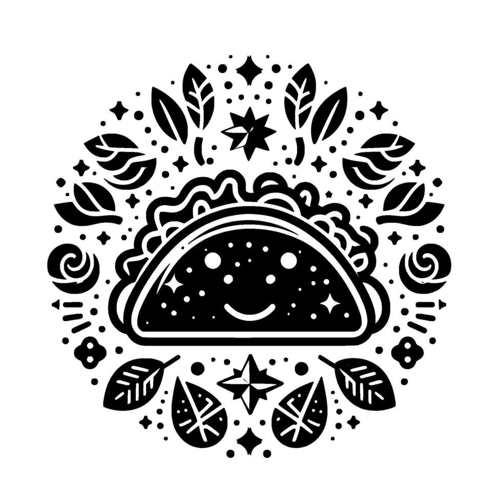Adorable Black and White Taco Illustration with Floral and Celestial Ornaments in Circular Composition on White Background vector