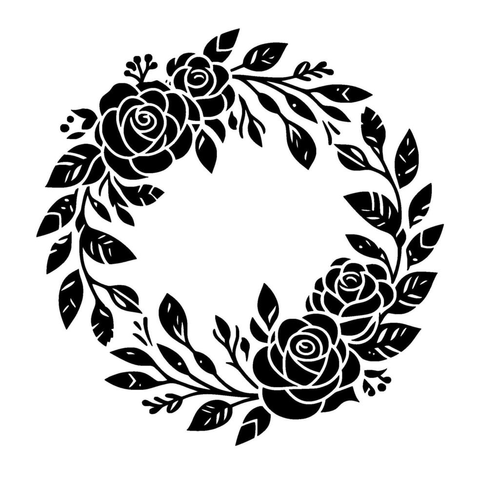 Elegant Black Silhouette Floral Wreath on White Background, Featuring Roses, Leaves, and Delicate Foliage in a Circular Arrangement. vector