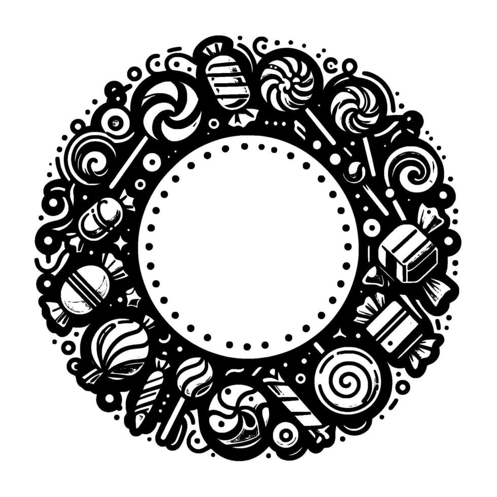 Black and white candy wreath illustration, various sweets encircling a blank circular space, perfect for frames or designs. vector