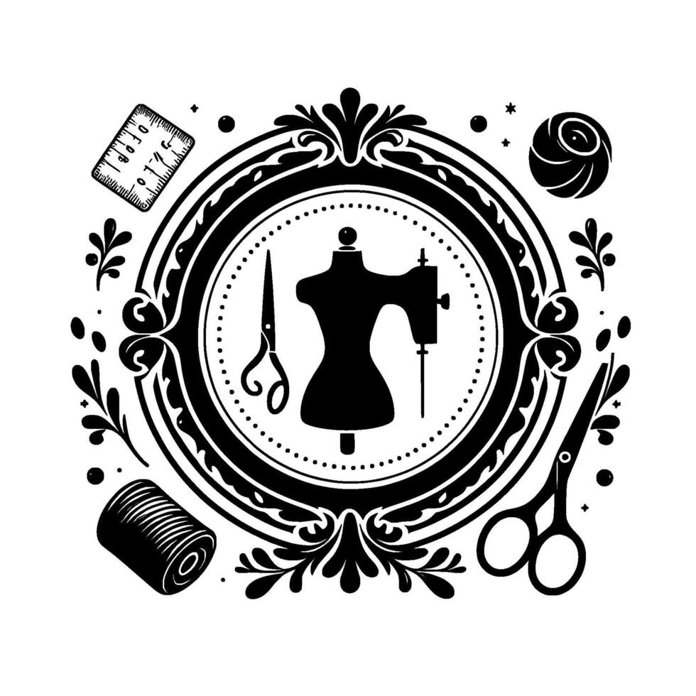 A Black White Circular Emblem Featuring Sewing Tools, Mannequin, and Sewing Machine Surrounded by Floral Flourishes. vector