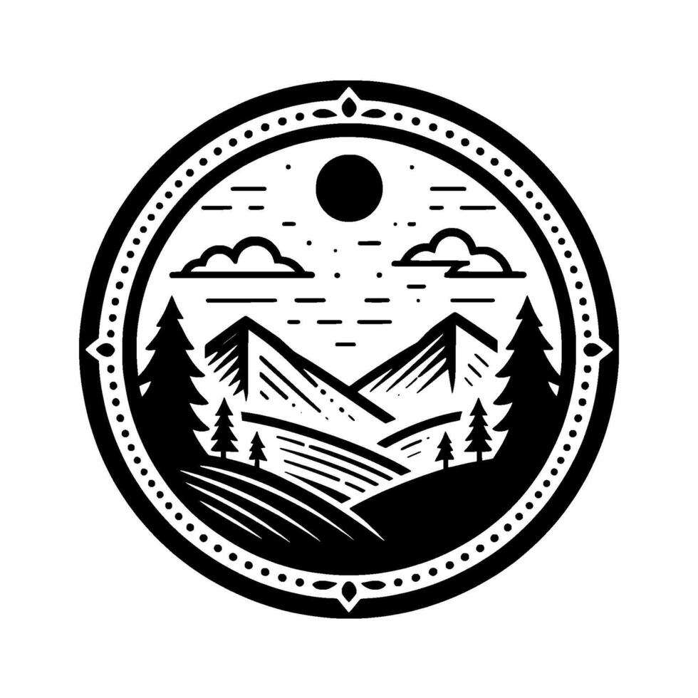 Black and white minimalist emblem of mountainous landscape with trees, clouds, and sun in a decorative circular border. vector