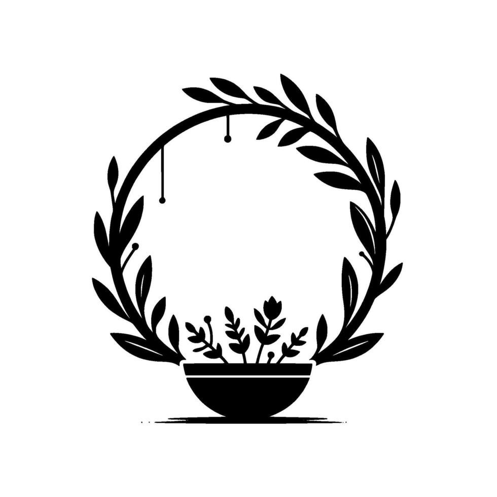 A minimalist black and white floral wreath design, showcasing a bowl of plants encircled by an olive branch, for elegant branding. vector