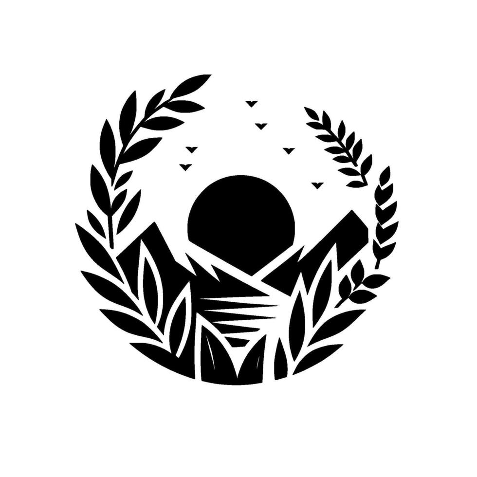 Minimalist Black and White Nature Logo Silhouette of Mountains, Sun, Foliage, and Birds in a Circular Frame, Symbolic and Serene. vector
