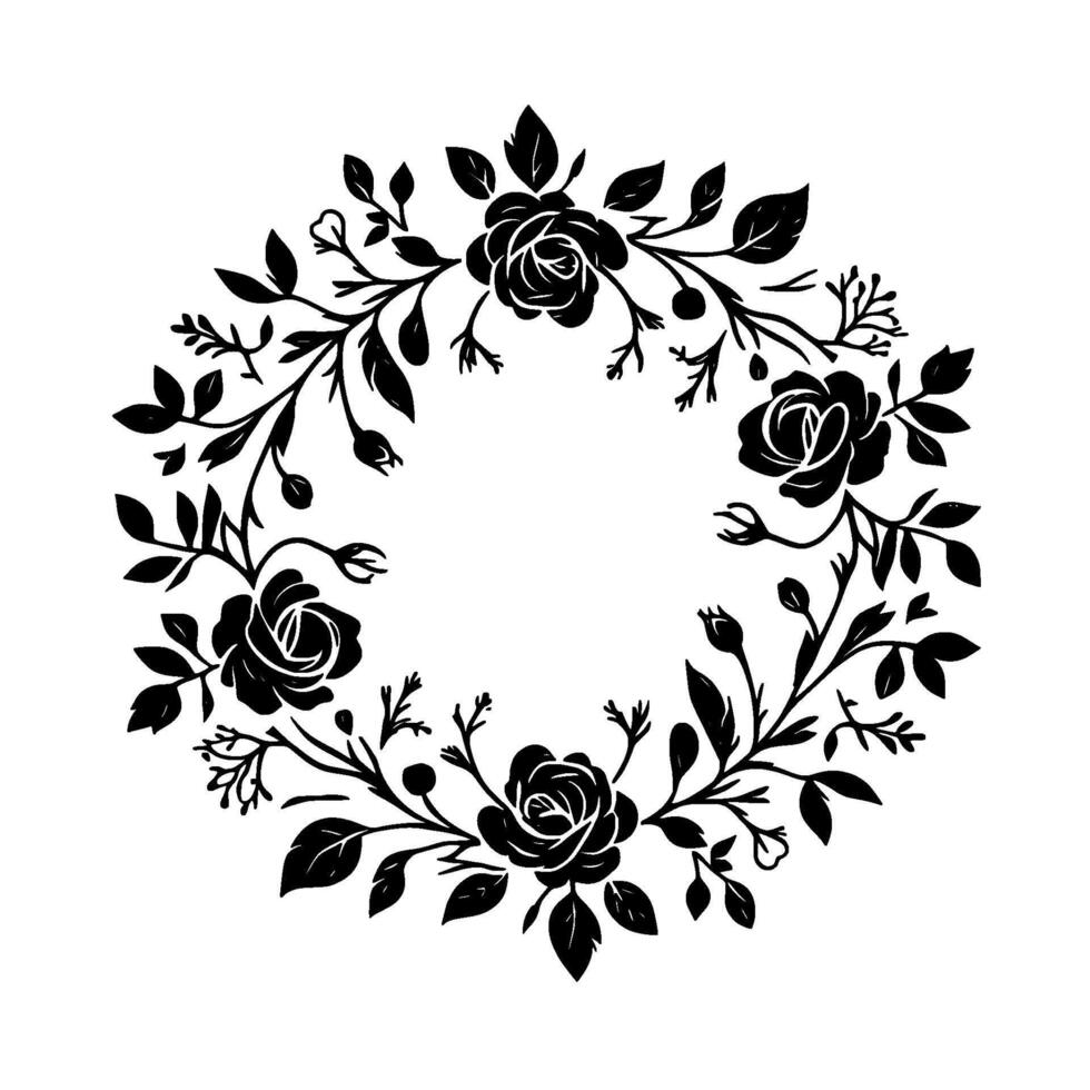 Elegant black and white floral wreath illustration featuring roses, leaves, and branches in a circular arrangement. vector