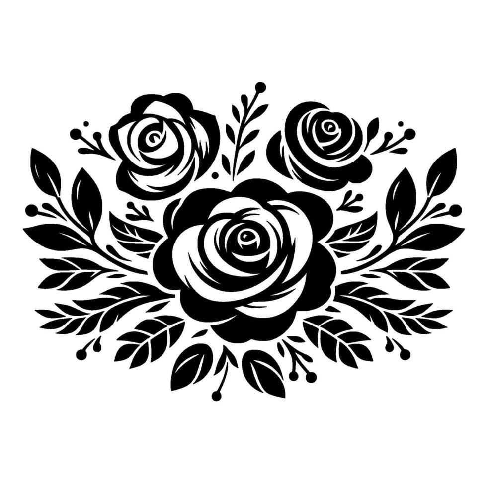 Intricate Black and White Floral Motif A symmetrical composition of stylized roses and foliage, conveying elegance and sophistication. vector