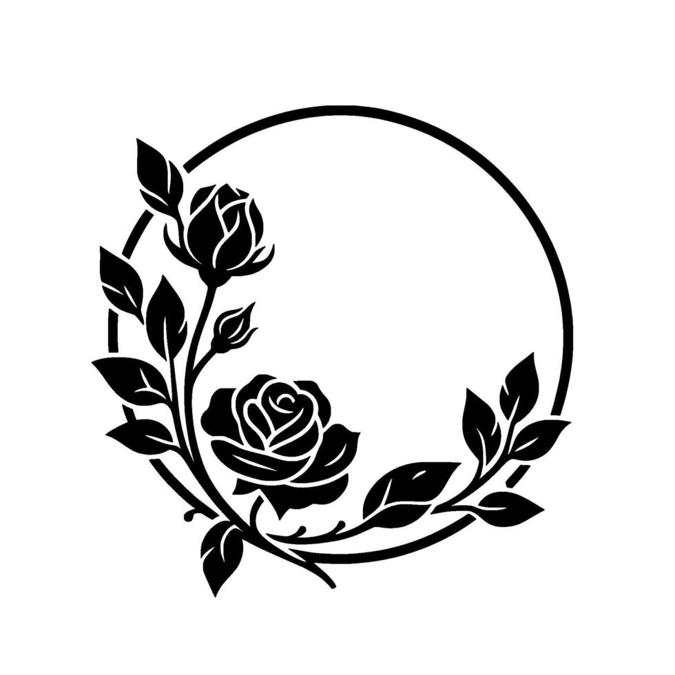 Elegant Black Rose and Leaf Floral Circle for Wedding Invitations, Logos, and Decorative Purposes on a white background. vector