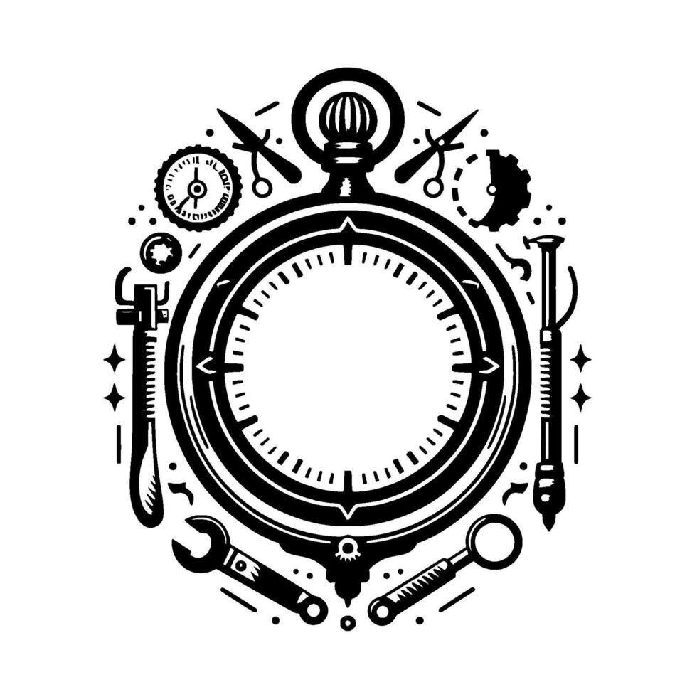 Stylized illustration of pocket watch surrounded by tools, gears, and scissors, evoking timekeeping and craftsmanship. vector