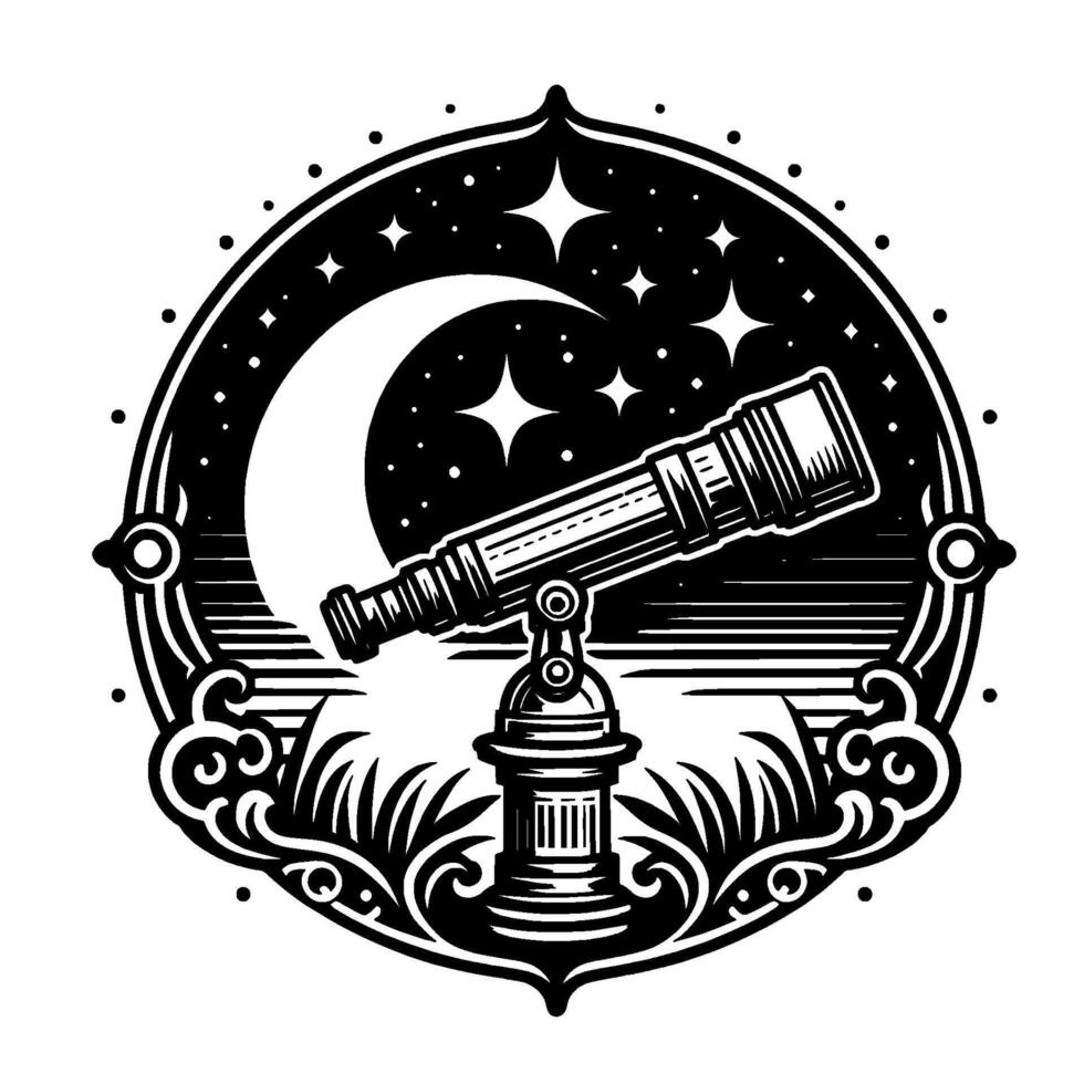 Ornate Black and White Illustration Telescope Viewing Crescent Moon Stars in a Decorative Celestial Emblem. vector