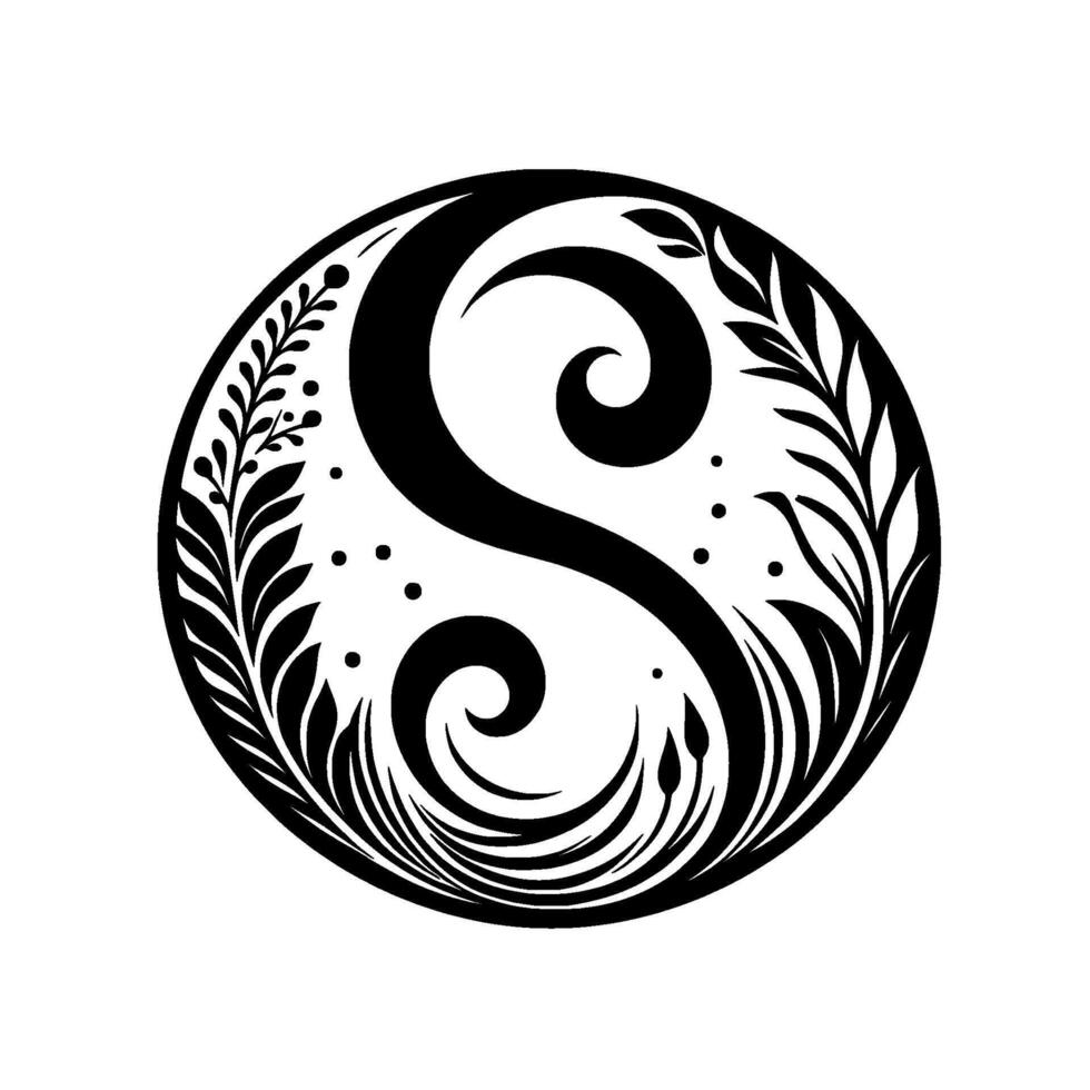 Elegant Black White Circular Botanical Illustration with Stylized S Letter, Leafy Border, and Decorative Dots. vector