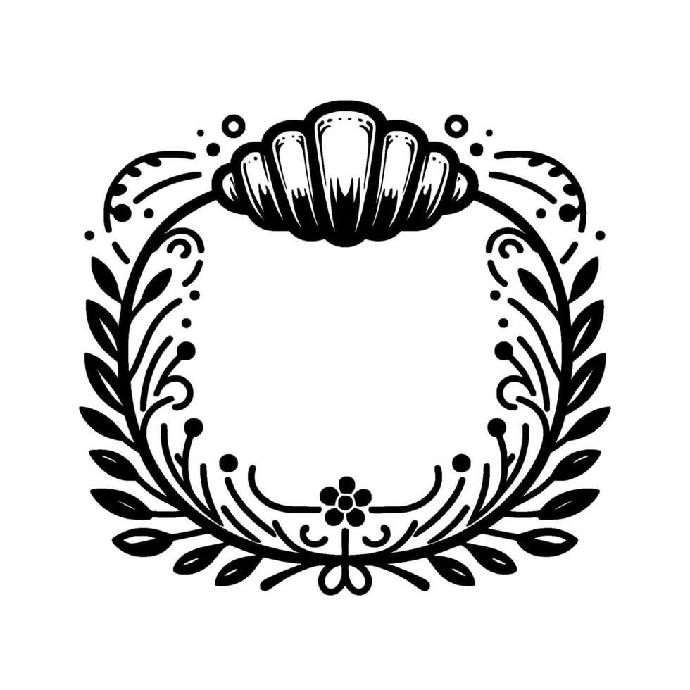Elegant Black and White Floral Emblem featuring a Shell Element at the Top and a Wreath Frame. vector
