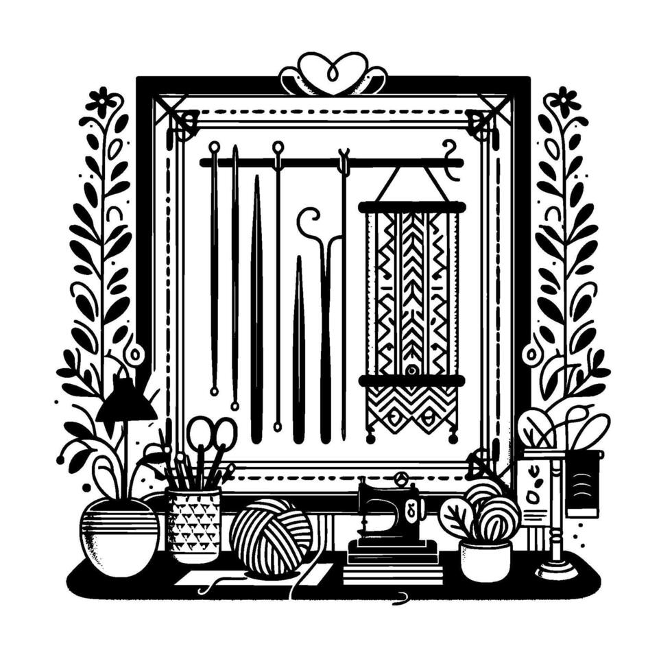 A Black and White Illustration of a Crafting Nook, Featuring Crochet Tools and a Decorative Hanging Piece in a Framed Composition. vector