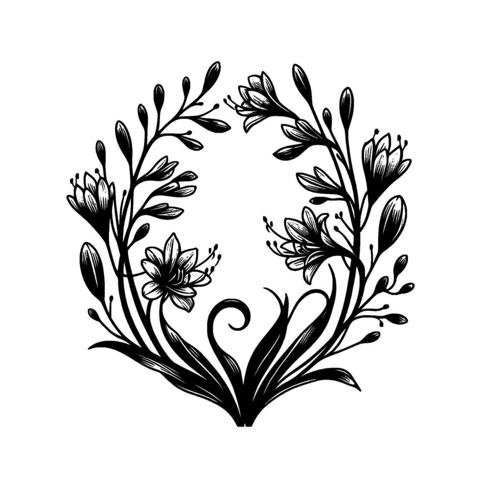 An intricately drawn black and white floral wreath, composed of stylized lilies, buds, and leaves in a symmetrical arrangement against a clean white backdrop. vector