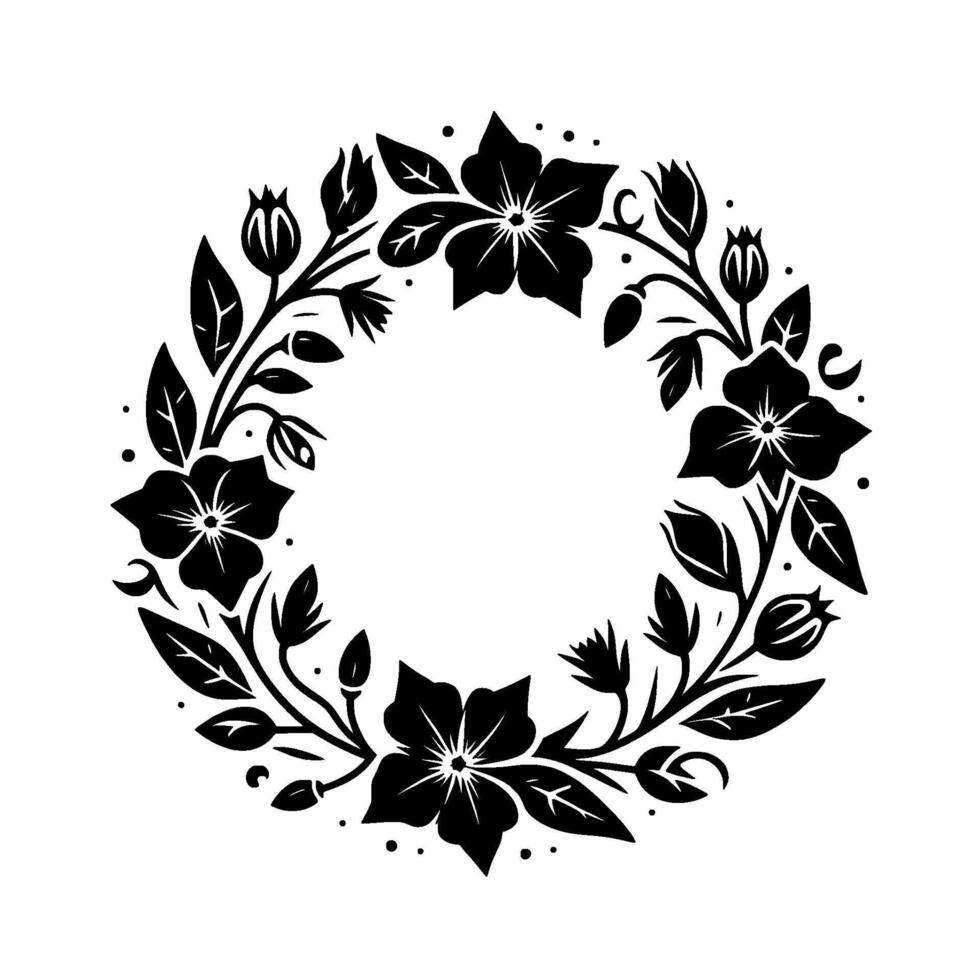 Black and White Floral Wreath Illustration Bold, symmetric featuring stylized flowers, leaves, buds, and decorative dots, perfect for invitations or decorative graphics. vector