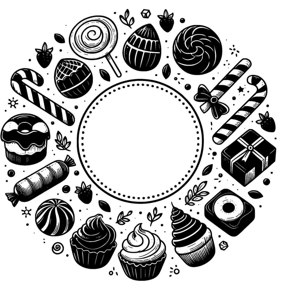 Circular Black and White Illustration of Sweets Treats Bordering a Blank Dotted Circle, Dessert, Confectionery, Festive. vector
