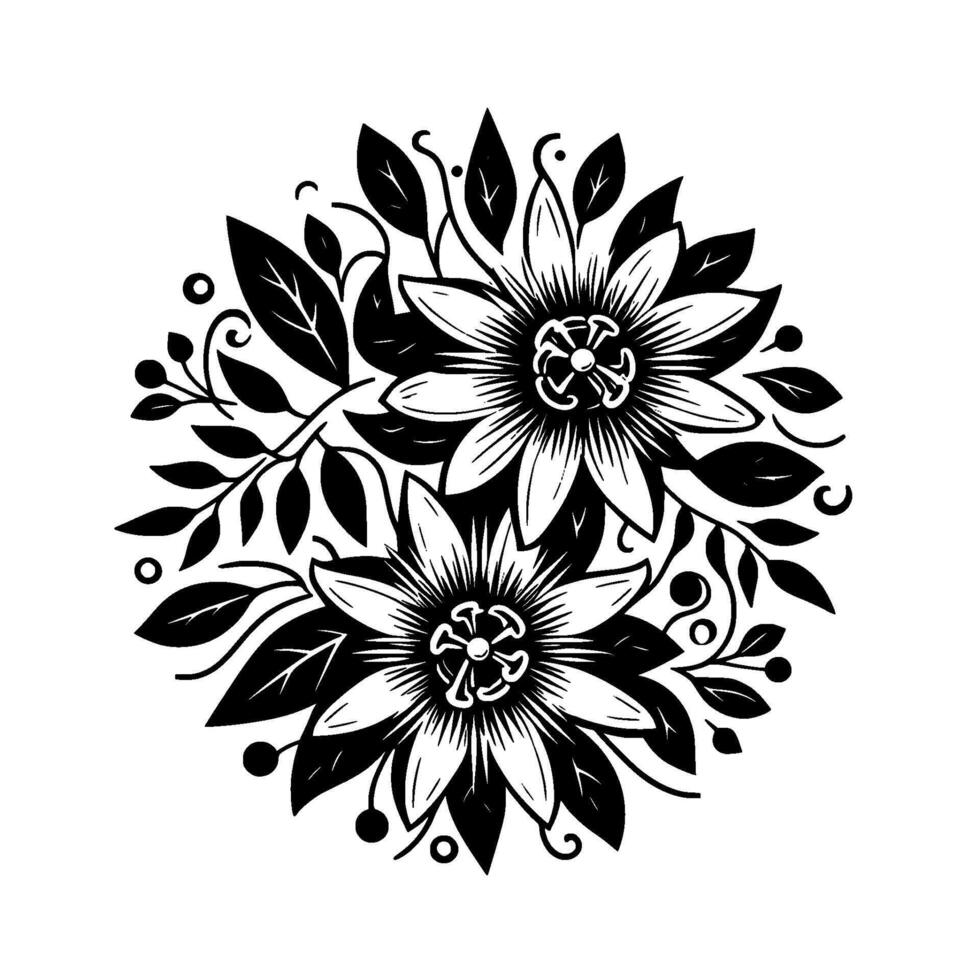 Black and White Floral Arrangement Two Passionflowerlike blooms surrounded by leaves, tendrils, and berries, forming a symmetrical, circular on a white backdrop. vector
