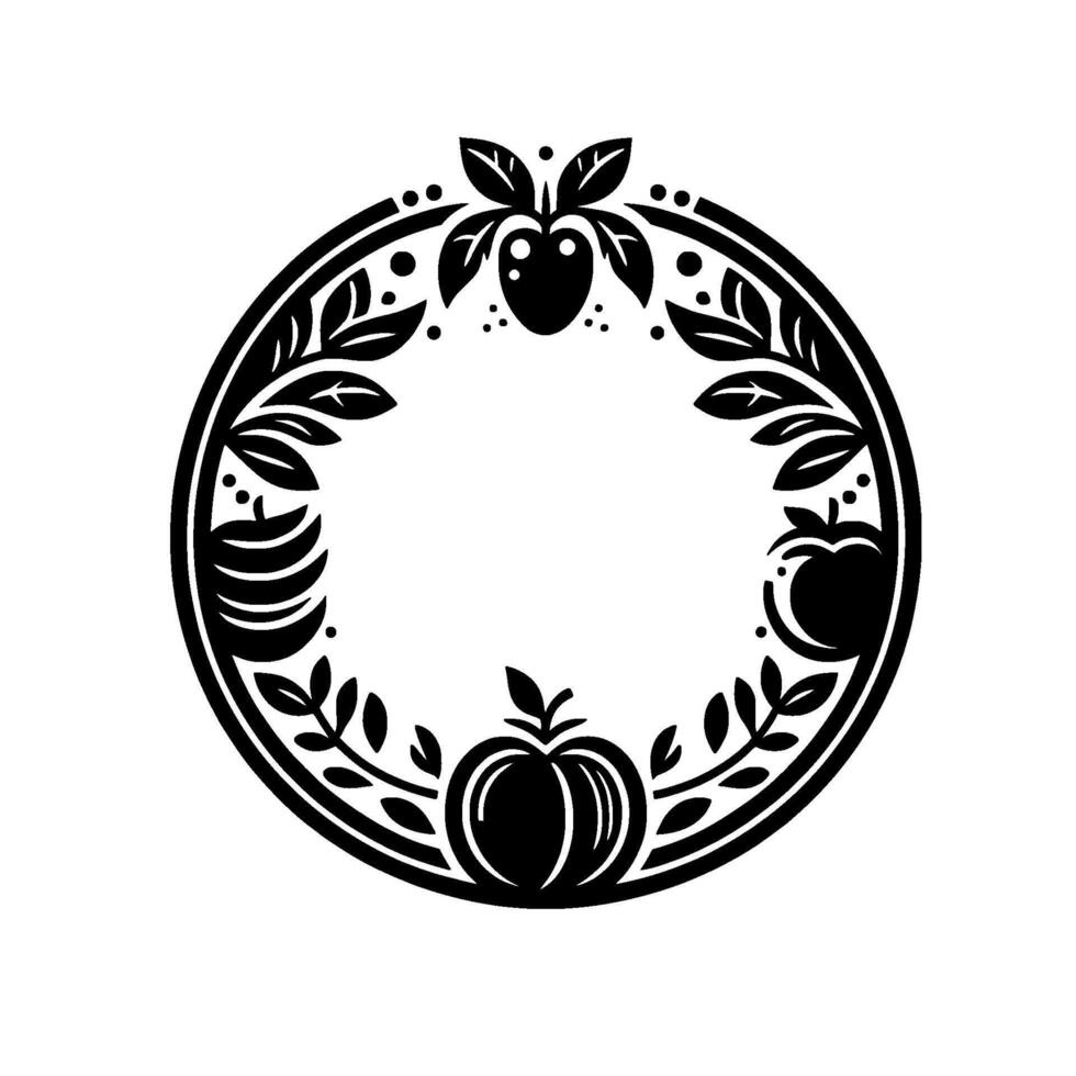 Elegant Black White Circular Harvest Wreath featuring Apples, Pumpkin, and Foliage, Perfect for Autumnal Decor vector