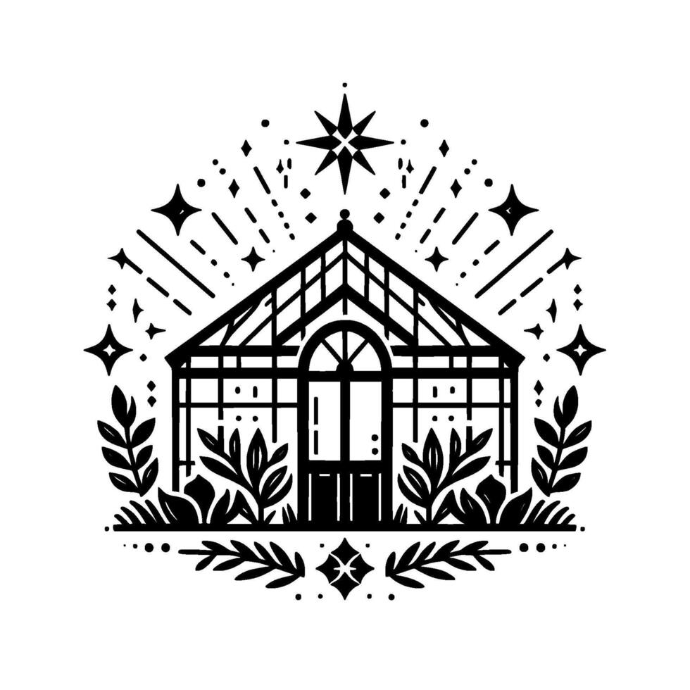 Celestial Greenhouse A symmetrical black and white illustration featuring a glasshouse framed by botanical elements and stellar patterns, evoking magic. vector