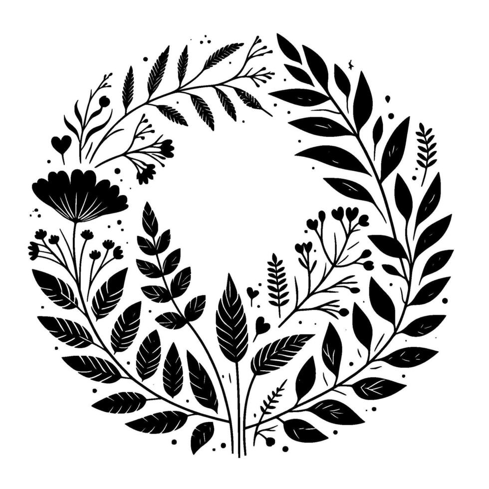 Elegant Black and White Circular Floral Wreath Featuring Detailed Leaves, Flowers, and Botanical Elements, Perfect for Decorative Use. vector