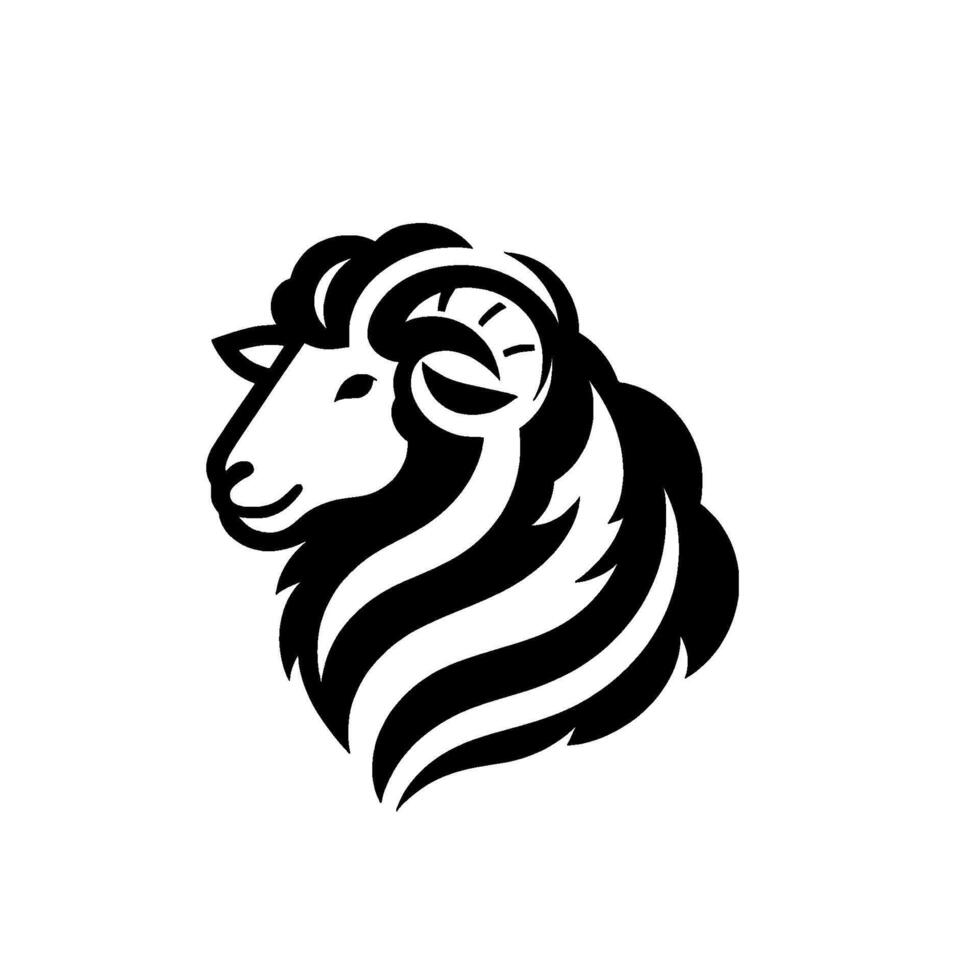 A stylized, minimalist black and white illustration of a rams head in profile, showcasing striped wool and elegant horns. vector