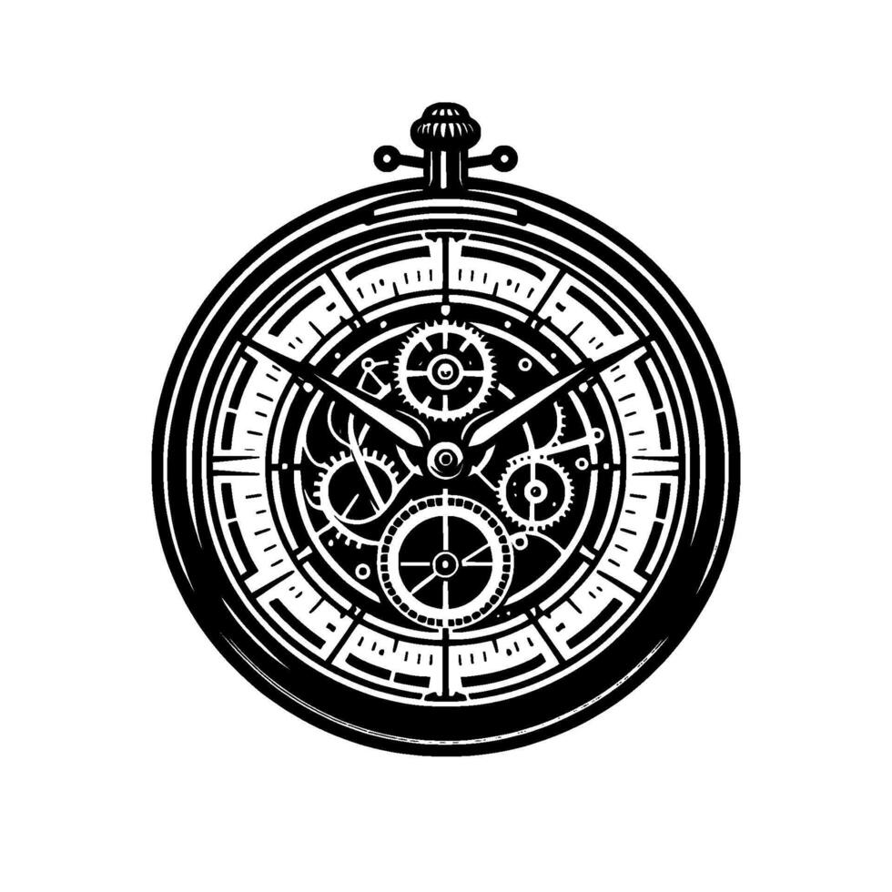 Intricate Black and White Steampunk Pocket Watch Illustration Detailed Gears, Time Markers, and Elegant on White Background. vector