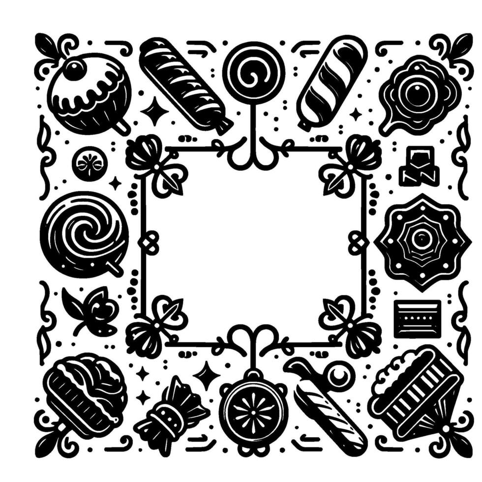 Ornate Monochrome Frame Adorned with Assorted Candies and Floral Embellishments, Suggesting a Sweet and Decorative Element. vector
