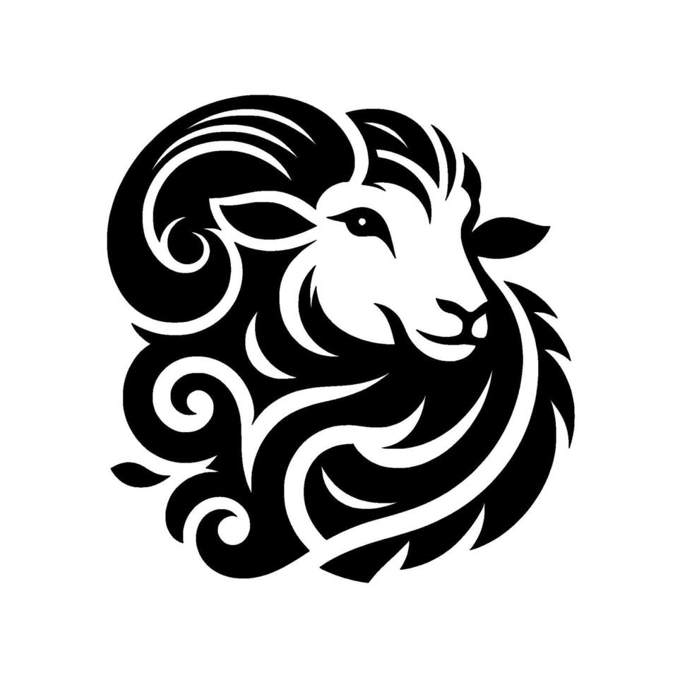 Intricate Black and White Illustration of a Rams Head Featuring Ornamental Swirls and Detailed Fur Against a Clean White Background. vector