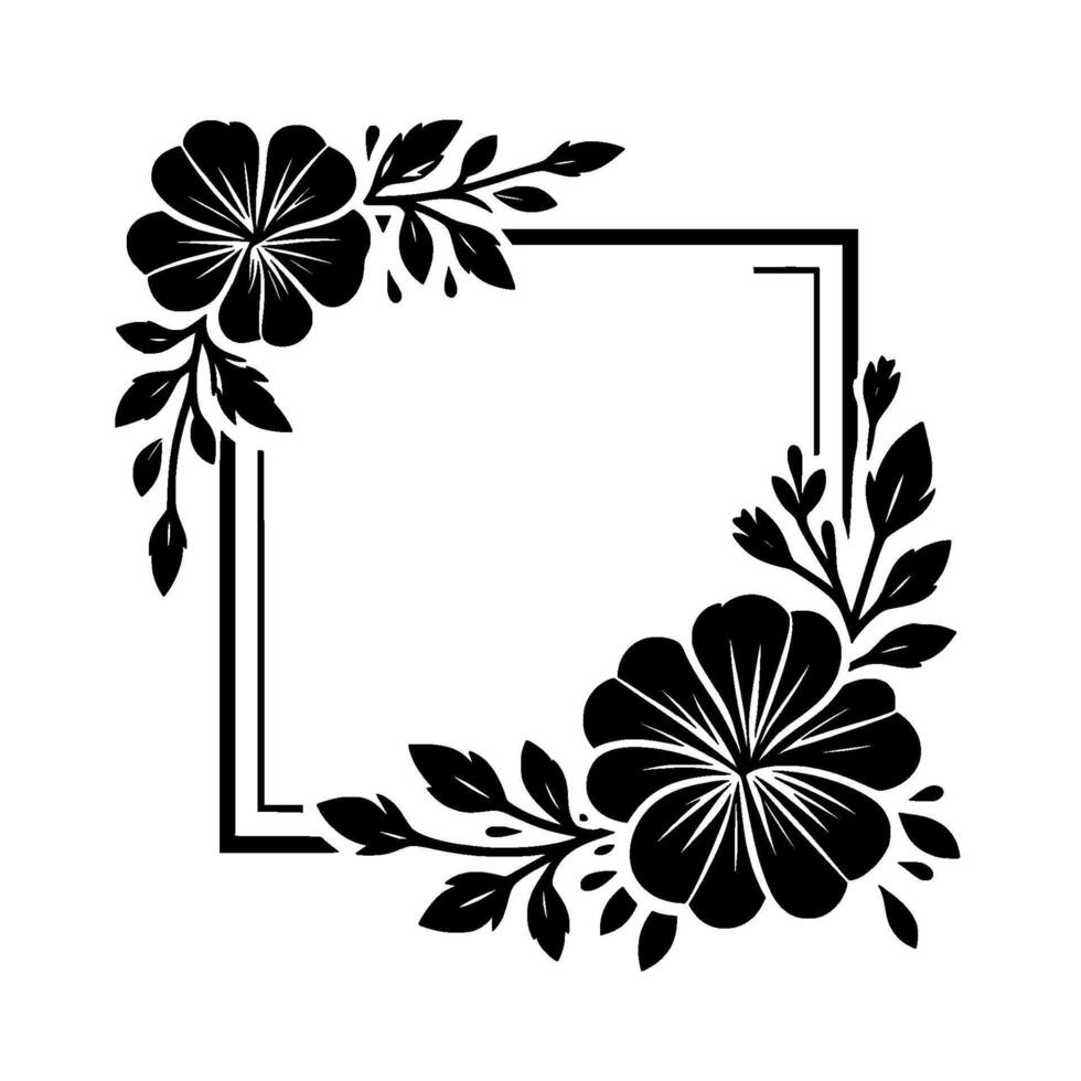 Elegant Black Floral Corner Border with Square Frame and Leafy Accents, Clean Lines, Illustration. vector