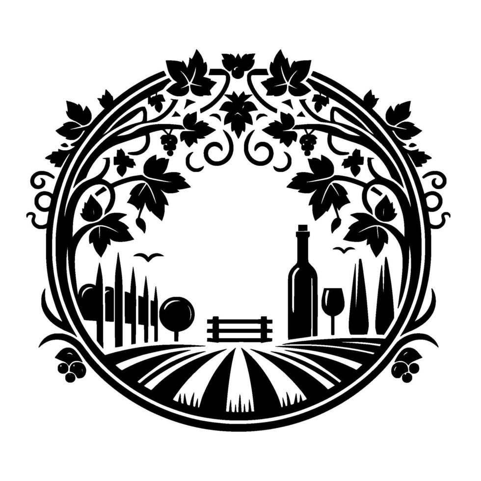 Elegant monochrome vineyard within an ornamental circular frame featuring grape vines, a wine bottle, glass, and a scenic landscape. vector
