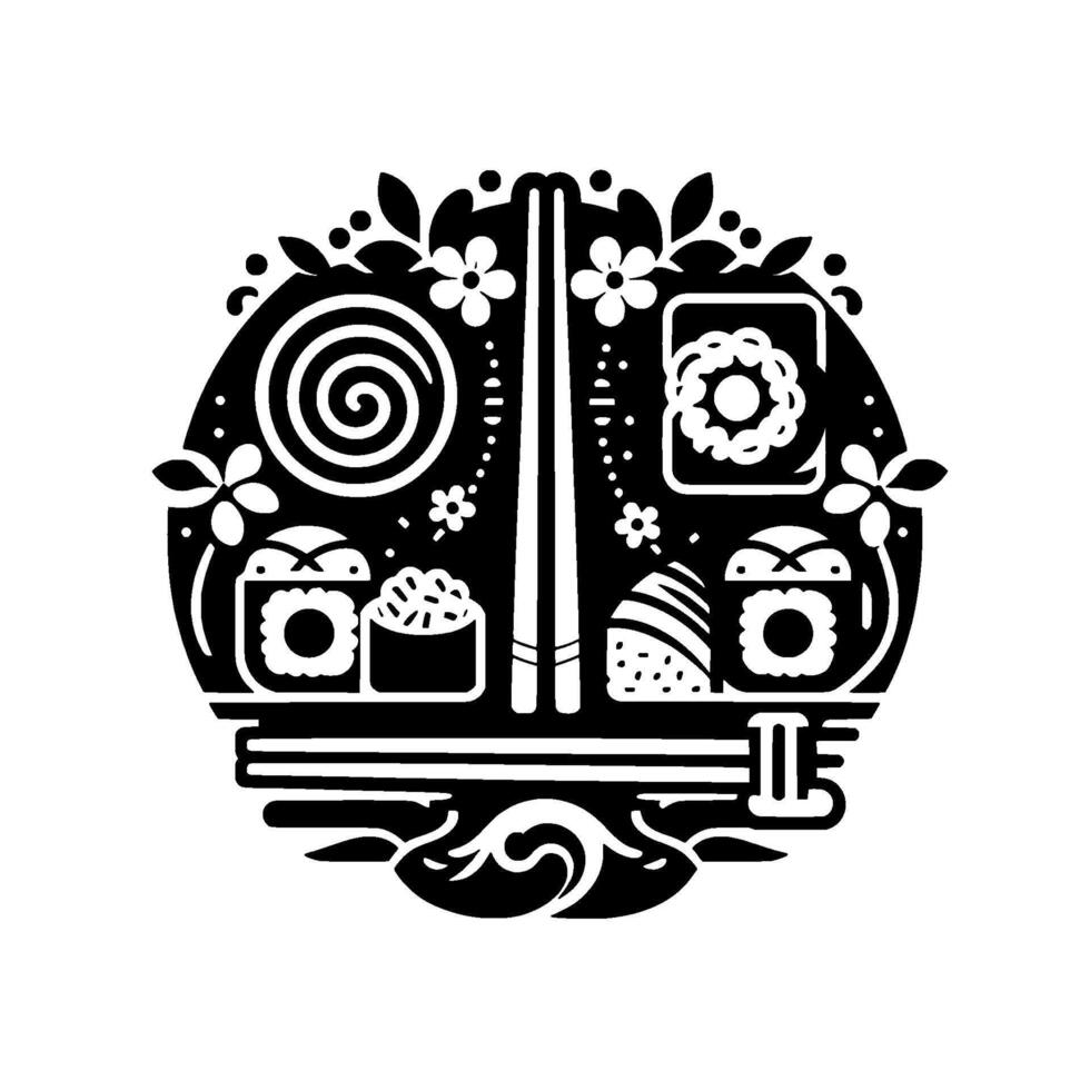 Stylized Black and White Sushi Composition Circular Arrangement of Chopsticks, Various Sushi Types, Floral Embellishments, and Decorative Elements. vector