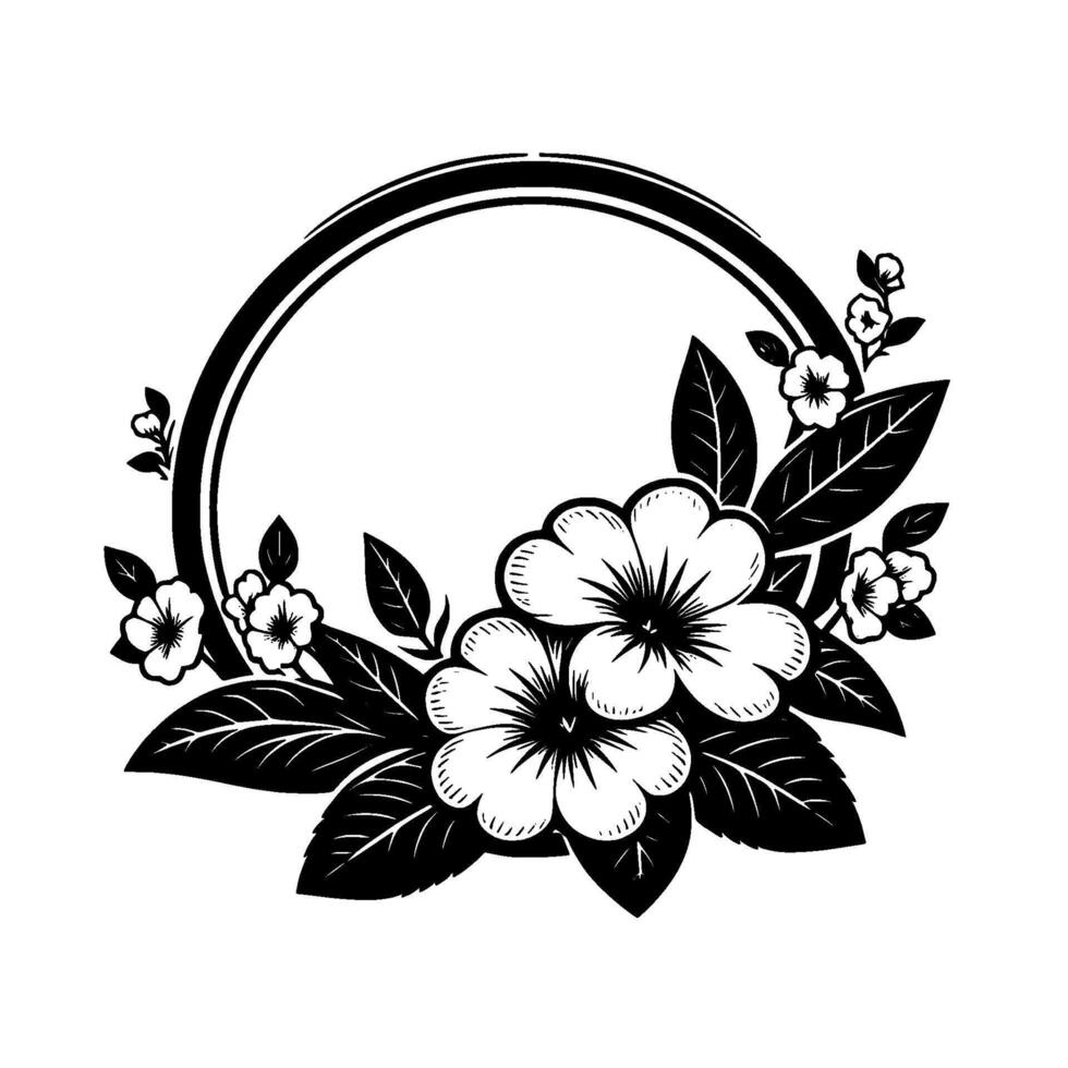 Black and white floral wreath featuring detailed stylized flowers, leaves, and surrounding circular frame, creating a classic, elegant aesthetic. vector