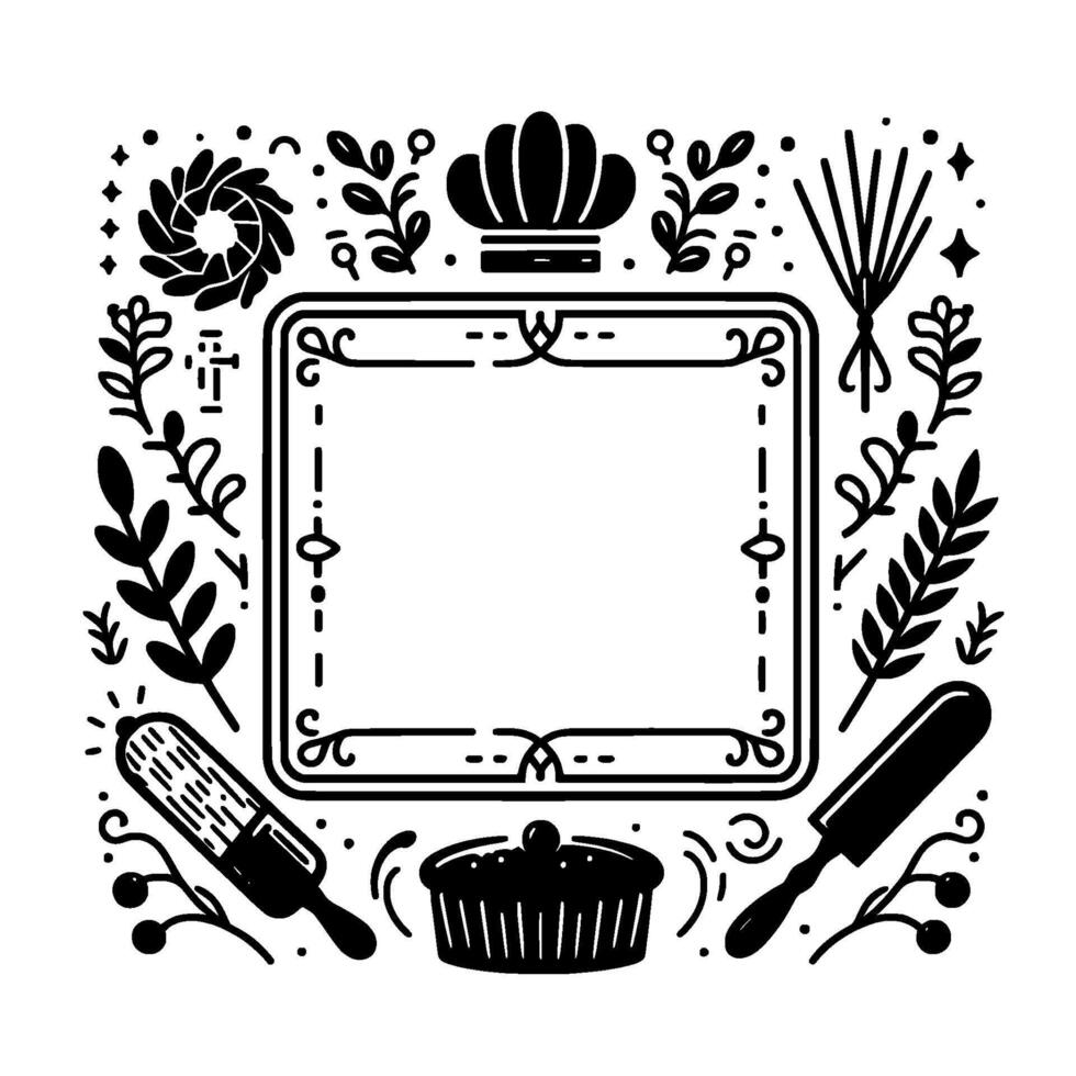 Illustrated BW Baking Template with Chefs Hat, Flourishing Leaves, Kitchen Tools, and a Place to Write. vector