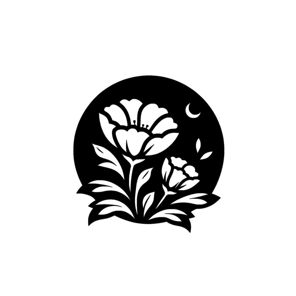 Black and White Floral Silhouette Two Poppylike Blossoms, Leaves, and a Crescent Moon Enclosed in a Dark Circle, Symbolizing Night. vector