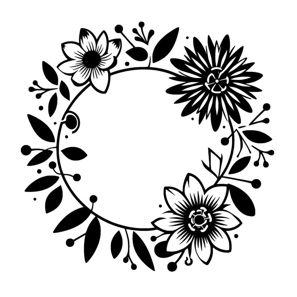 Elegant Black and White Floral Wreath with Detailed Flower and Leaf Arrangements, Ideal for Invitations and Designs. vector