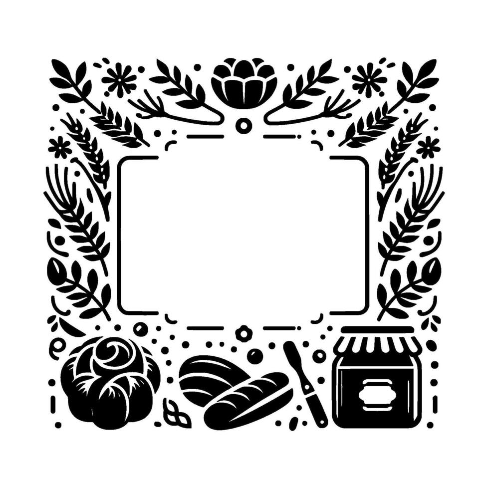Elegant black and white illustrated square frame with baked goods, floral designs, and a space for text. vector