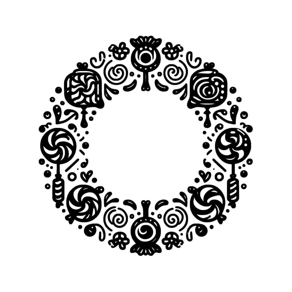 Whimsical Black and White Candy Garland in a Circular Frame, Featuring Lollipops, Candies, and Floral Accents. vector
