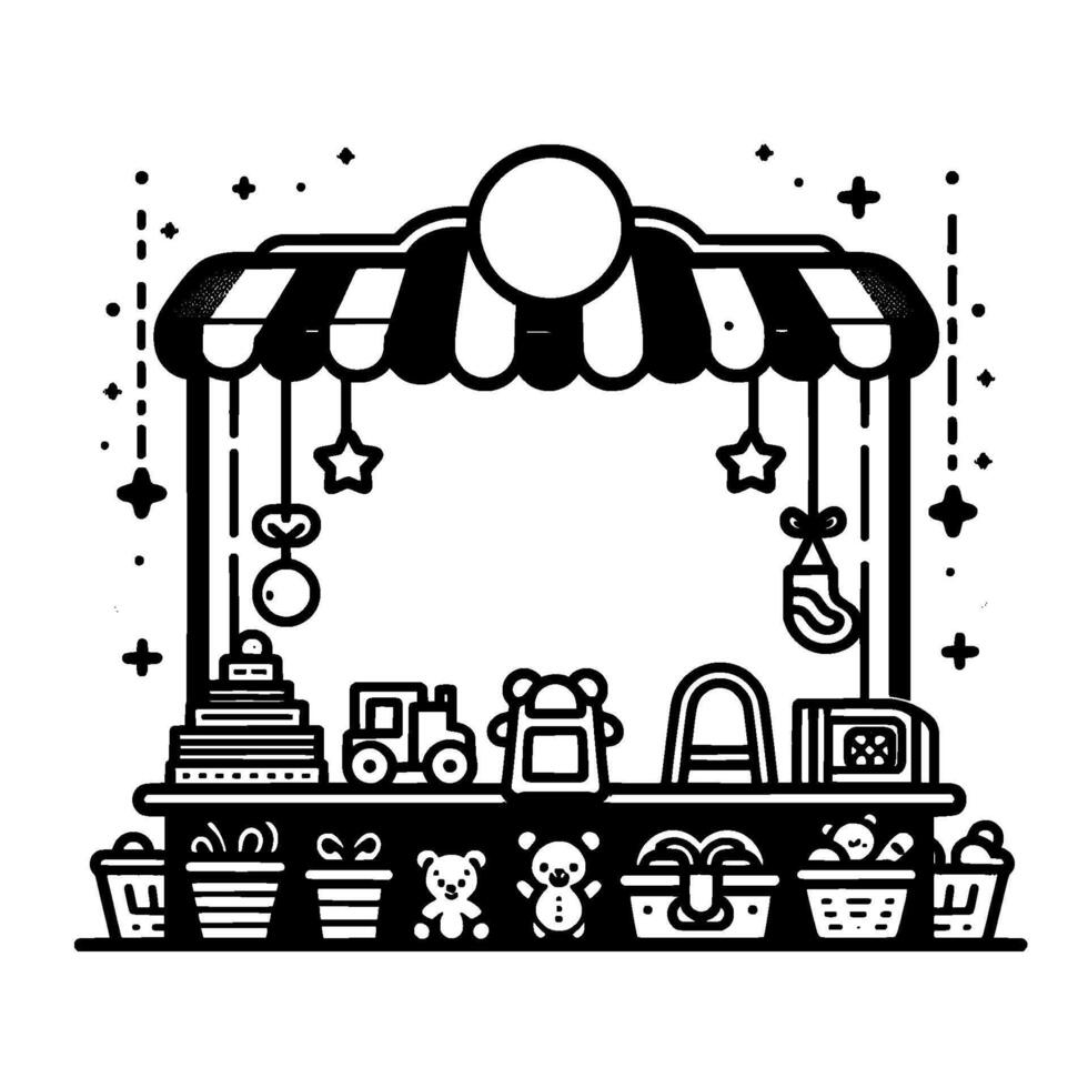 Black and white illustration of a toy shop stall, with toys on display, hanging decorations, and a striped awning. vector