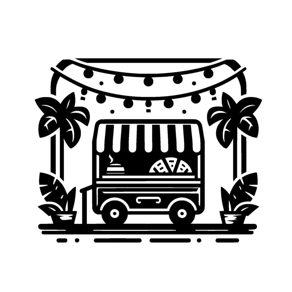 illustration of a black and white food cart with awning and lights, flanked by palm trees and potted plants, suggesting a tropical, festive vibe. vector
