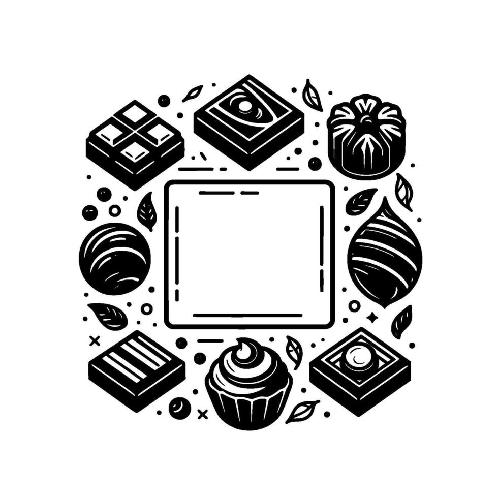 Circular Monochrome Illustration of Assorted Gourmet Sweets, Candies, and Desserts Framing a Central Square Element. vector