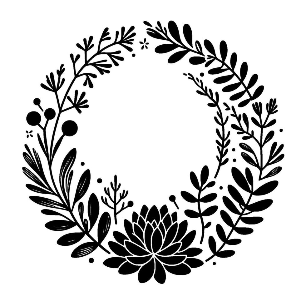 A symmetrical, minimalist black floral wreath illustration, featuring various leaves, branches and a prominent center flower, on a clean white background. vector