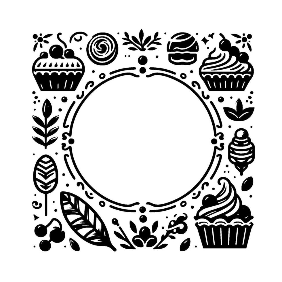 Black and white illustration of a decorative border with pastries, berries, and foliage, framing a circular space. vector