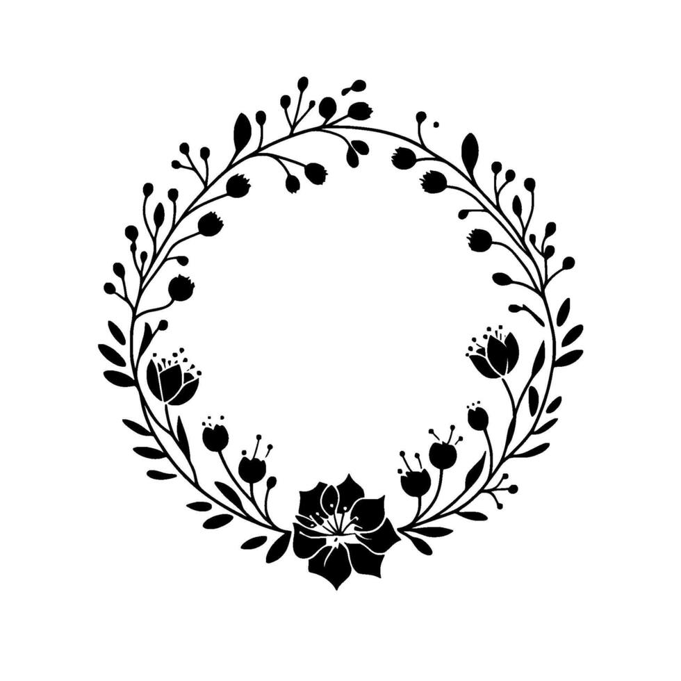 Elegant Floral Wreath Illustration in Monochrome, Featuring Buds, Leaves, and Flowers in a Circular Arrangement on a White Background vector