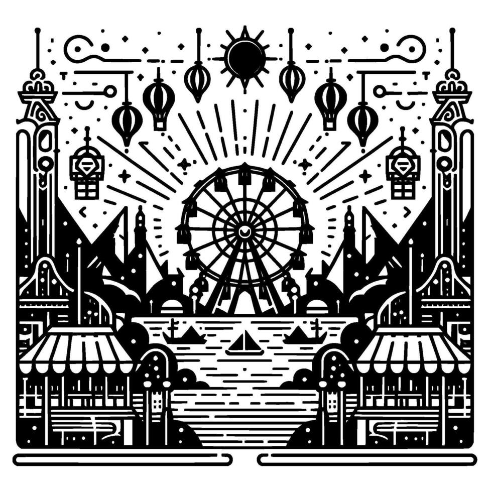 Symmetrical Black and White Festival Scene Ferris Wheel, Lanterns, Water, and Ornamental Buildings in Stylized Illustration. vector