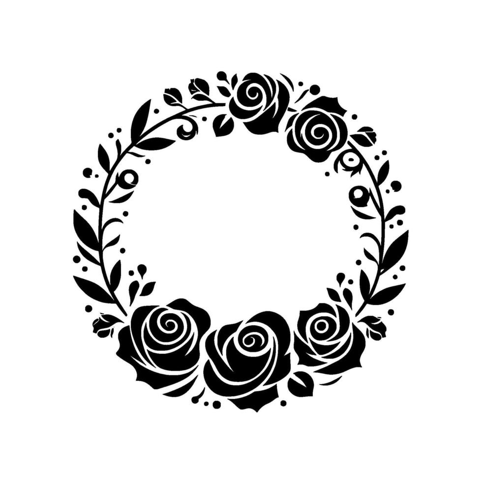 Elegant black and white illustration of a floral wreath composed of stylized roses and foliage. vector