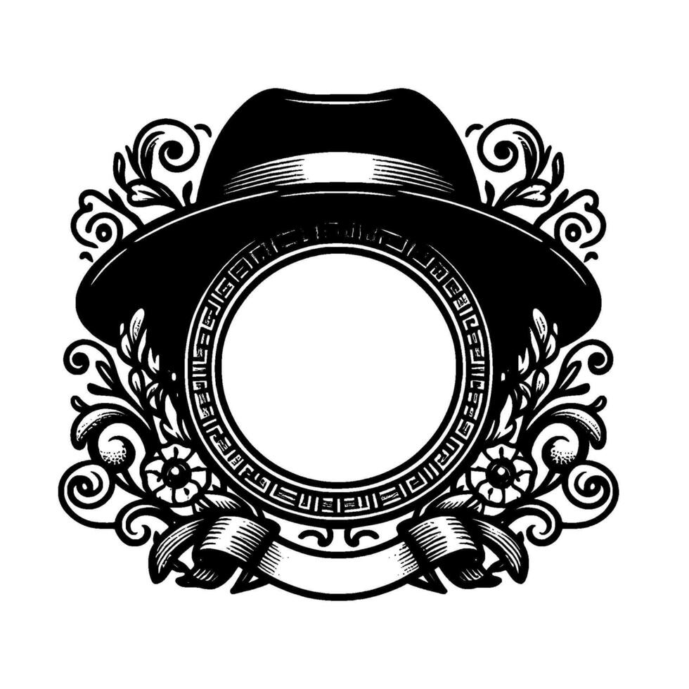 Intricate black and white illustration of a fedora hat over a circular emblem, framed by ornate flourishes and banner, evoking classic and vintage style. vector