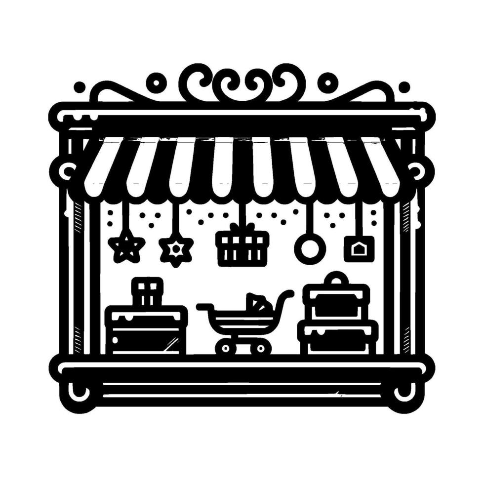 Festive Black and White Illustration Stylized Shopfront Featuring Holiday Decorations, Presents, and a Shopping Cart, Evoking Cheer. vector