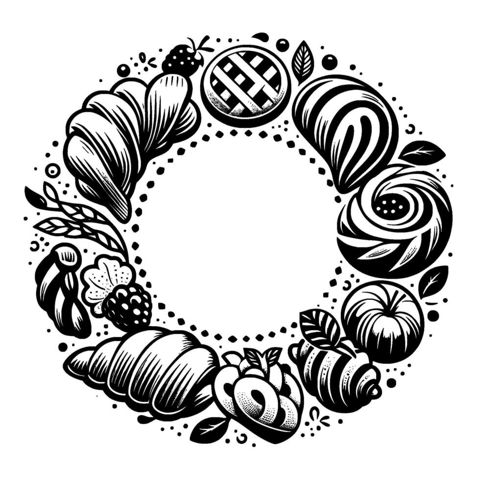 Black and white illustration of a circular wreath composed of various baked goods, fruits, and leaves with a clean, minimalist aesthetic. vector