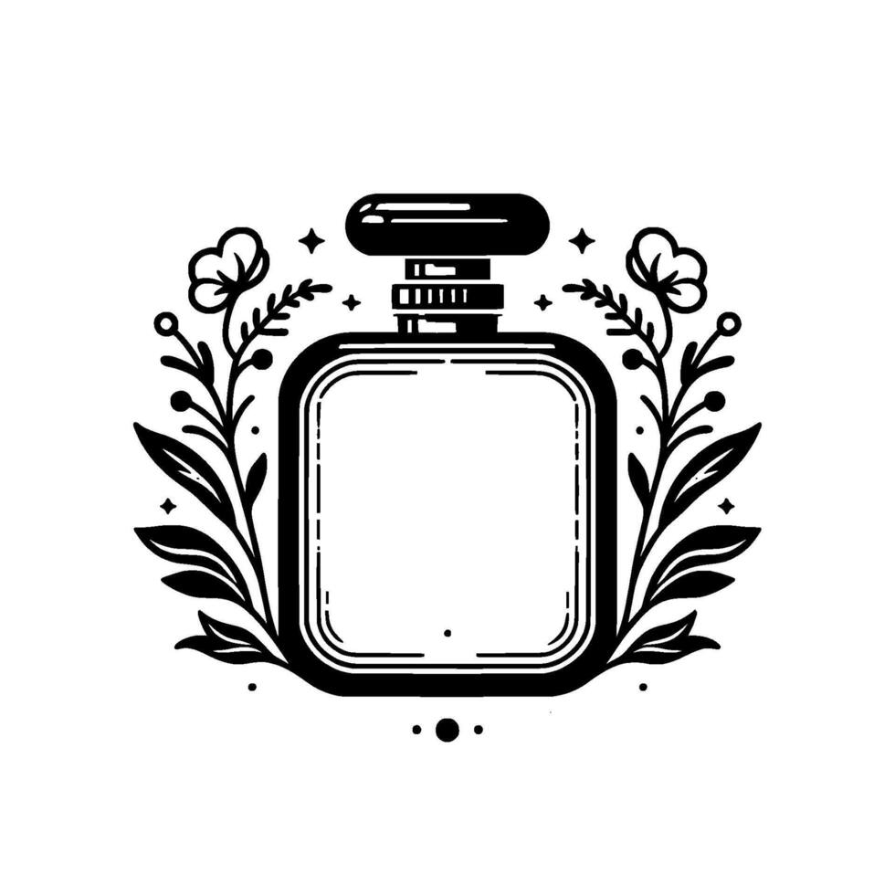 Elegant Black and White Perfume Bottle with Floral Embellishments, Minimalist Design, and Botanical Accents. vector
