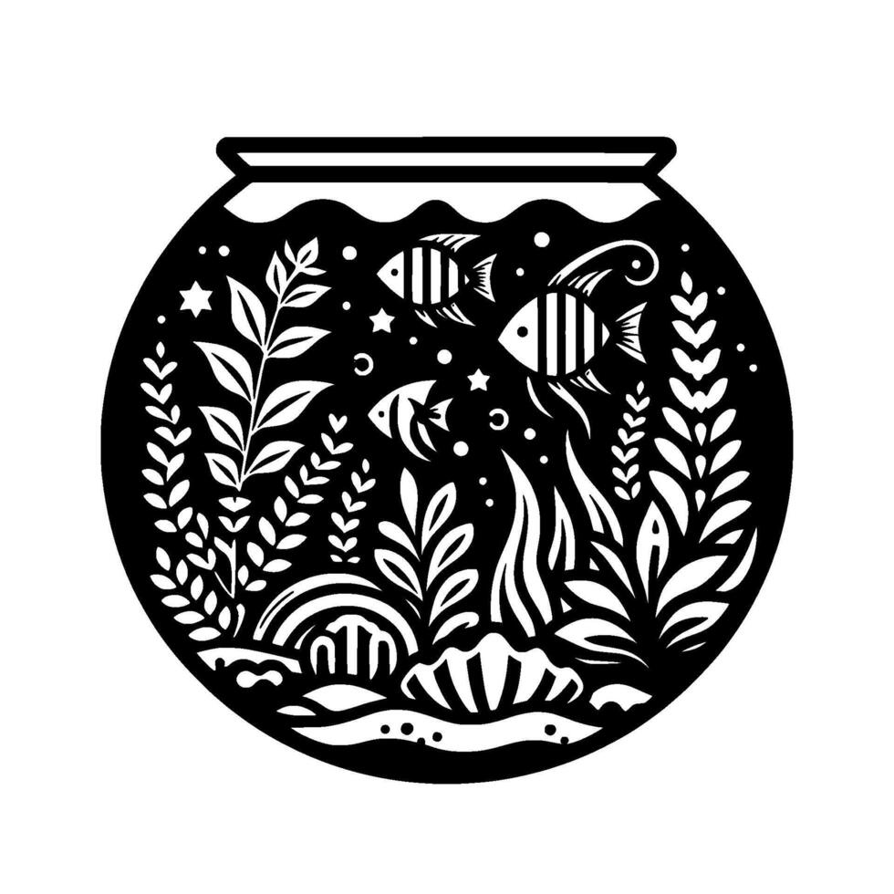Minimalist Black and White Illustration of a Fishbowl with Aquatic Life, Featuring Fish, Plants, and Shells. vector