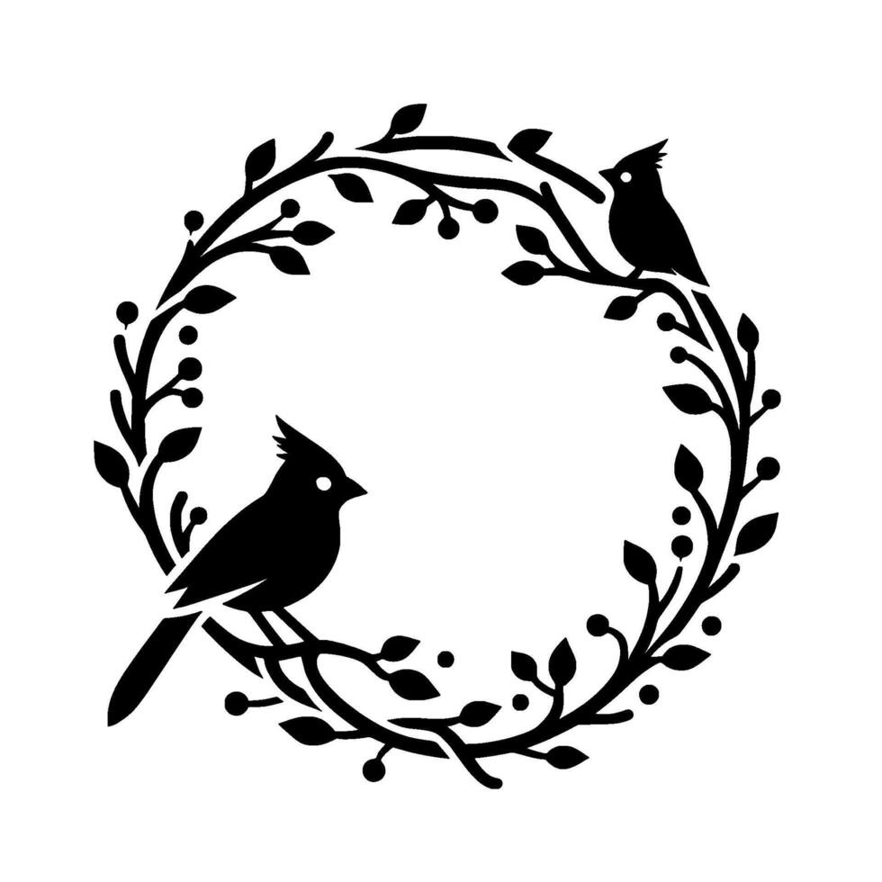 Silhouette of Two Cardinals Perched on a Botanical Wreath, Black and White Minimalist Design. vector
