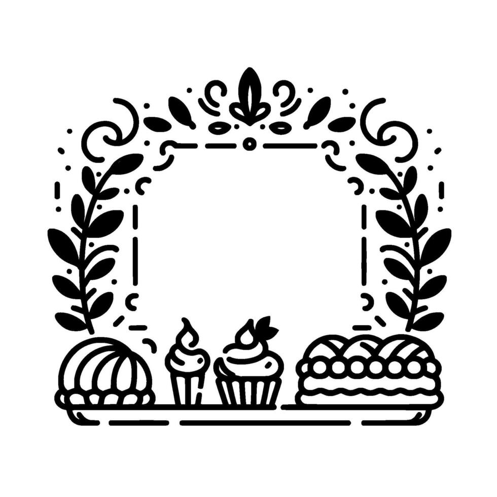 Elegant Minimalist Black and White Illustration Baked Treats Bordered by Botanical Arch, with a Blank Center for Text vector